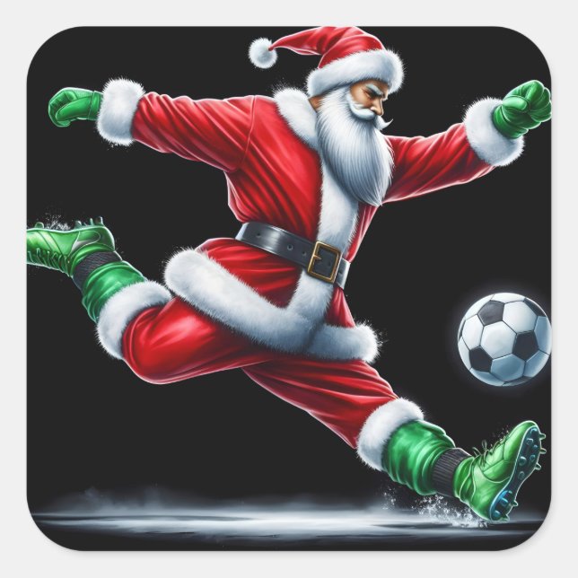 Santa Dressed in Red Kicks a Soccer Ball Joyfully Square Sticker (Front)
