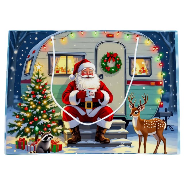 Santa Drinking Hot Cocoa outside his RV Christmas Large Gift Bag (Front)