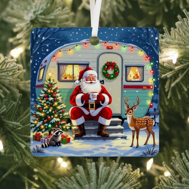 Santa Drinking Hot Cocoa outside his RV Christmas Metal Tree Decoration (Insitu)