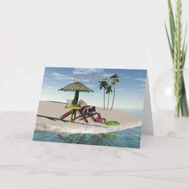 Santa Drinking Lemonade On The Beach Holiday Card (Front)