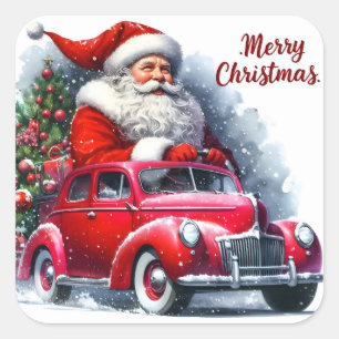 Santa Driving a Red Car Through a Snowy Landscape Square Sticker