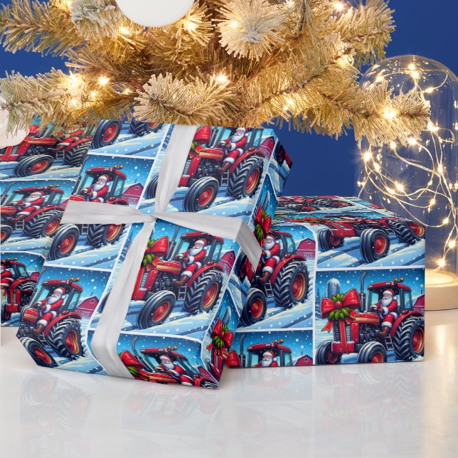 Santa Driving A Red Tractor In the Snow Christmas Wrapping Paper (Holidays)