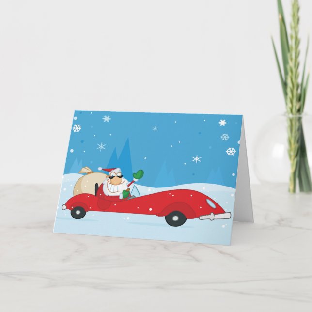 Santa driving a sports car Christmas greeting card (Front)