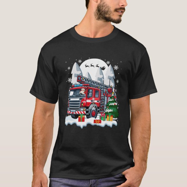 Santa Driving Fire Truck Christmas Boxes Colourful T-Shirt (Front)