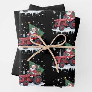 Santa Driving Tractor Christmas Tree Farm Snow Wrapping Paper Sheet