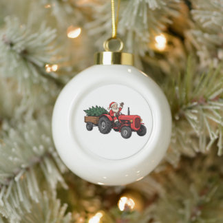 Santa Driving Tractor Christmas Tree Farm Wagon Ceramic Ball Christmas Ornament