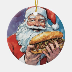 Santa eating Philly cheesesteak Ceramic Tree Decoration