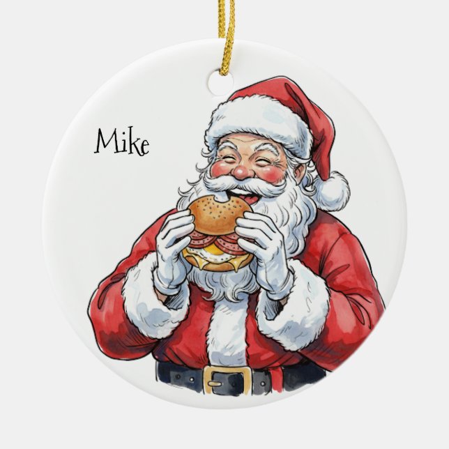 Santa eating Pork Roll Ceramic Ornament (Front)