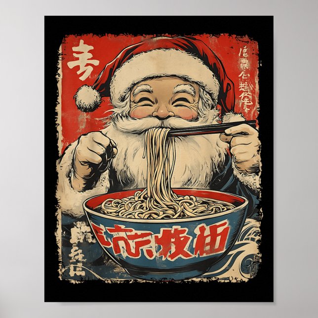 Santa Eating Ramen Noodles Ukiyo-e Insred Christma Poster (Front)