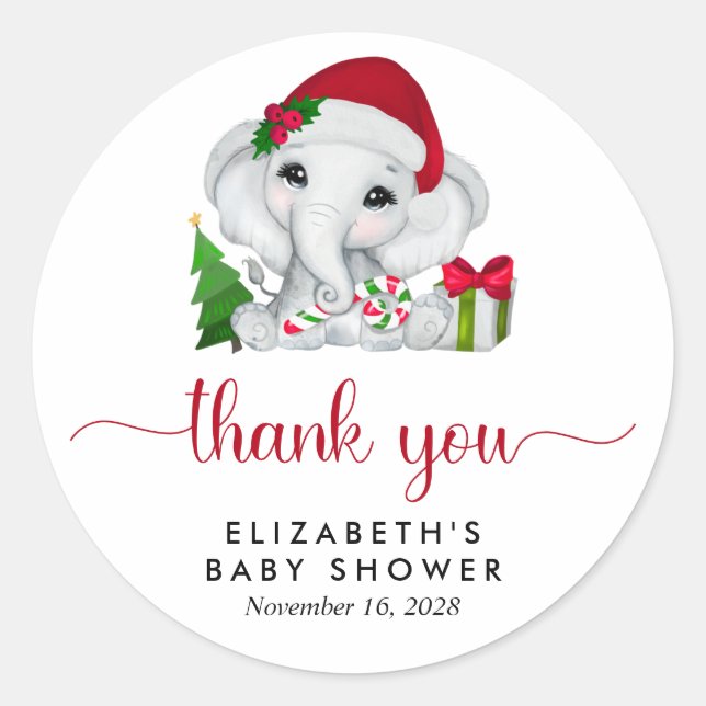 Santa Elephant Baby Girl Shower Thank You Classic Round Sticker (Front)