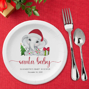 Santa Elephant Christmas Baby Boy Shower Paper Plate