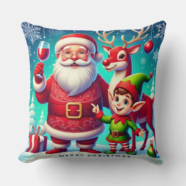 Santa, Elf, and Reindeer in a Festive Christmas Cushion (Front)