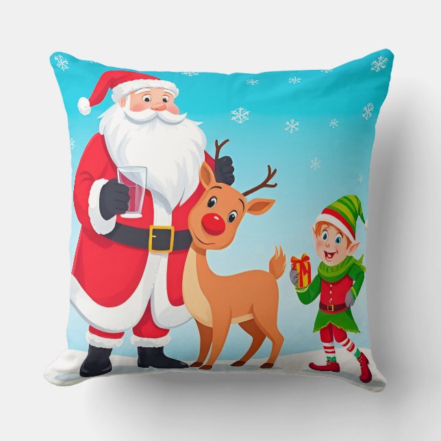 Santa, Elf, and Reindeer in a Festive Christmas Cushion (Front)