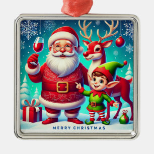 Santa, Elf, and Reindeer in a Festive Christmas Metal Tree Decoration