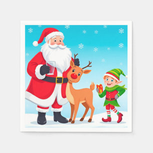 Santa, Elf, and Reindeer in a Festive Christmas Napkin