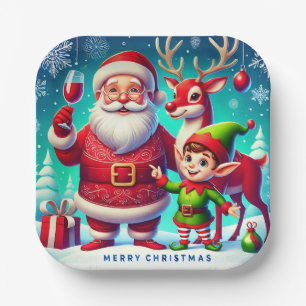 Santa, Elf, and Reindeer in a Festive Christmas Paper Plate