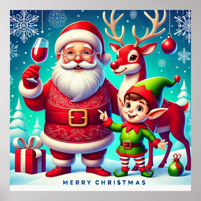 Santa, Elf, and Reindeer in a Festive Christmas Poster (Front)
