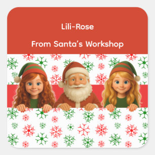 Santa & Elf Faces   North Pole Fun Christmas Paper Square Sticker
