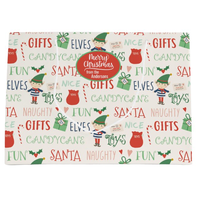 Santa Elf Friends Personalised Holiday Large Gift Bag (Front)