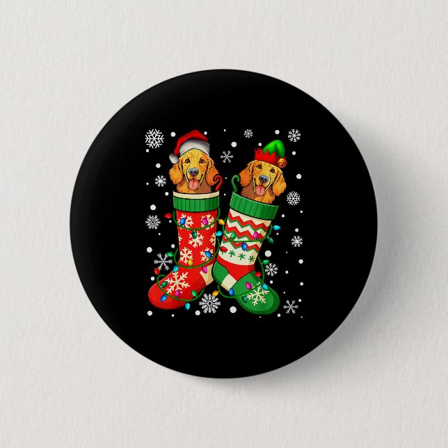 Santa Elf Golden Retriever Dog In Christmas Socks  6 Cm Round Badge (Front)