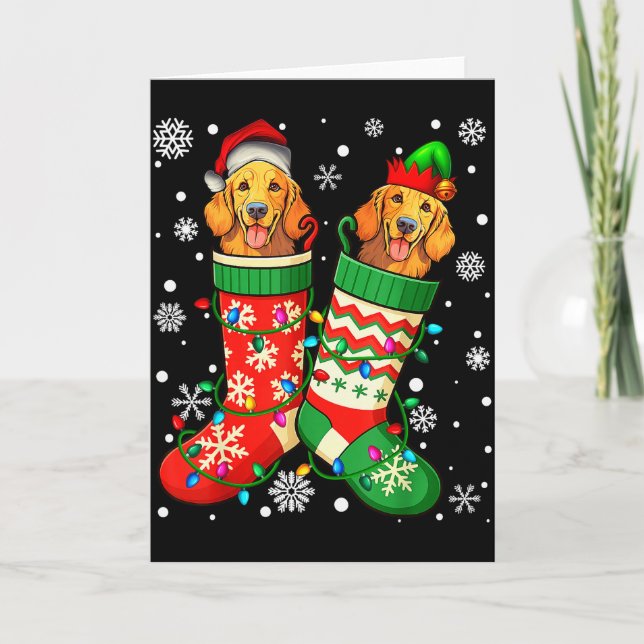 Santa Elf Golden Retriever Dog In Christmas Socks  Card (Front)