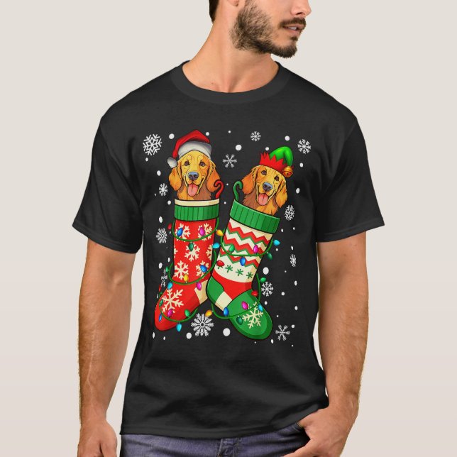 Santa Elf Golden Retriever Dog In Christmas Socks  T-Shirt (Front)