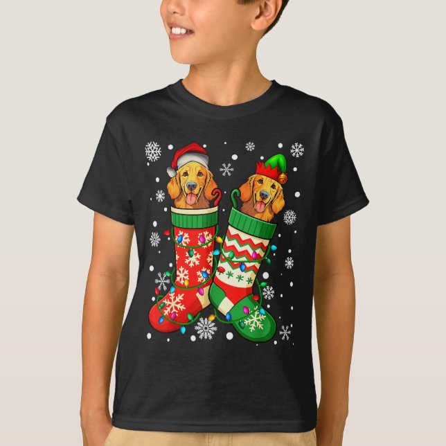 Santa Elf Golden Retriever Dog In Christmas Socks  T-Shirt (Front)