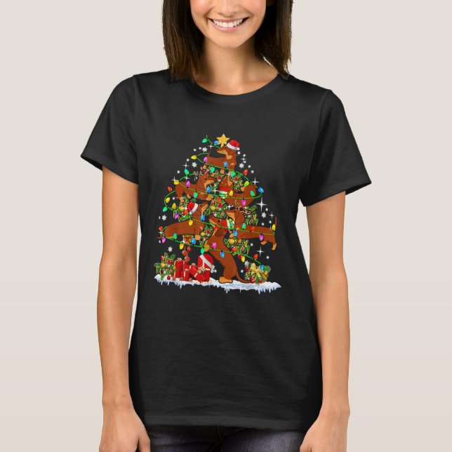Santa Elf Reindeer Dachshund Christmas Tree Christ T-Shirt (Front)