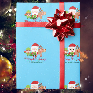 Santa Elf Reindeer Family Name Christmas Wrapping Paper