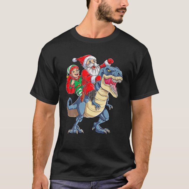 Santa Elf Riding Dinosaur T - Rex Christmas Boys T-Shirt (Front)