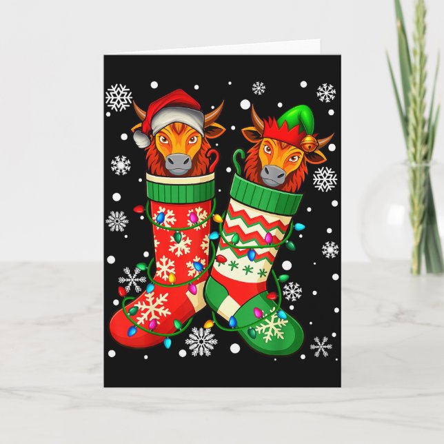 Santa Elf Yak Animal In Christmas Socks Men Women  Card (Front)