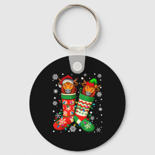 Santa Elf Yak Animal In Christmas Socks Men Women  Key Ring