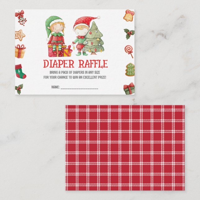 Santa Elves, Christmas Twins Shower Diaper Raffle Enclosure Card (Front/Back)