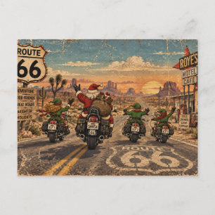 Santa & Elves Riding Route 66 – Vintage Christmas  Postcard
