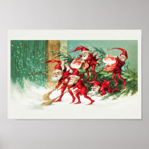 Santa elves sweeping snow