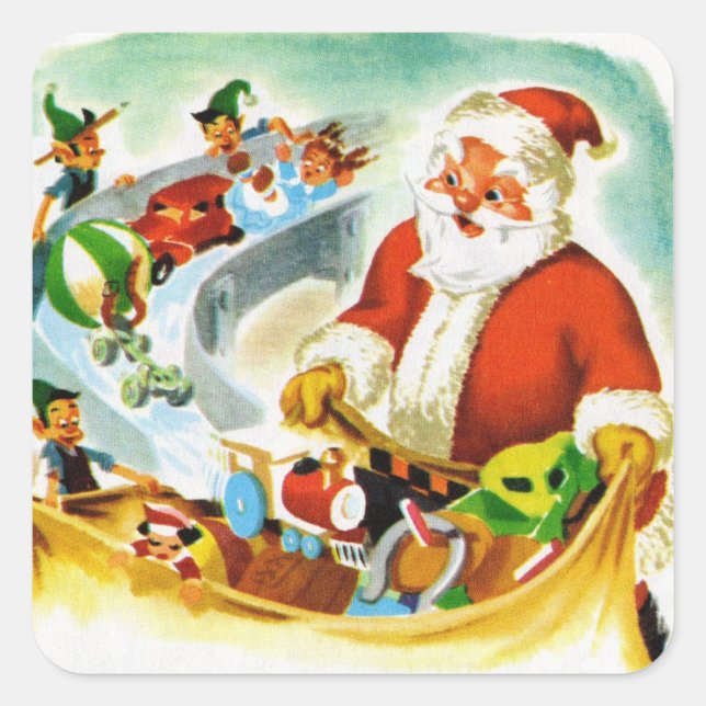 Santa & Elves Vintage Illustration 1940s Square Sticker (Front)