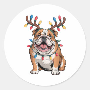 Santa English Bulldog Reindeer Light Christmas Classic Round Sticker