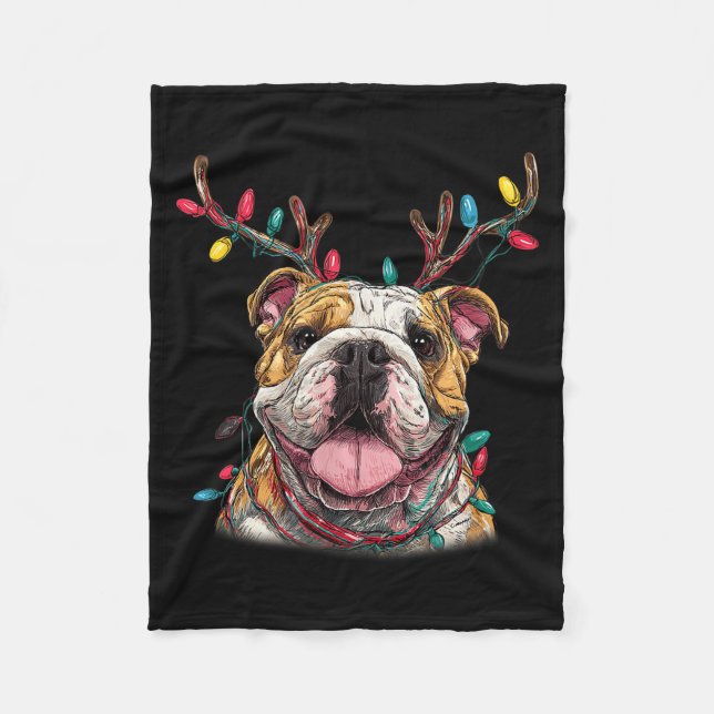 Santa English Bulldog Reindeer Light Christmas  Fleece Blanket (Front)