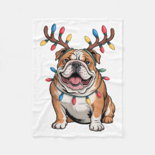 Santa English Bulldog Reindeer Light Christmas Fleece Blanket