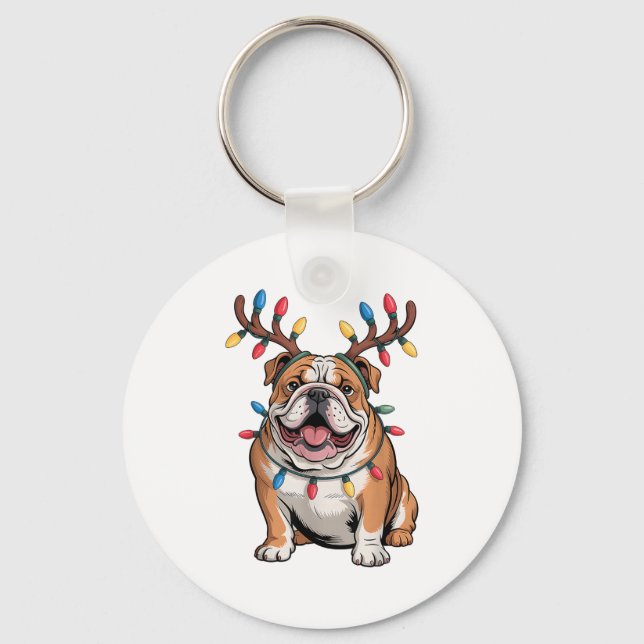 Santa English Bulldog Reindeer Light Christmas  Key Ring (Front)