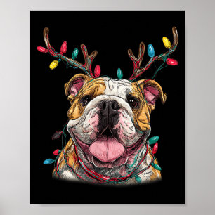 Santa English Bulldog Reindeer Light Christmas  Poster