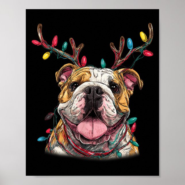 Santa English Bulldog Reindeer Light Christmas  Poster (Front)
