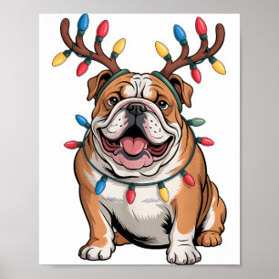 Santa English Bulldog Reindeer Light Christmas Poster