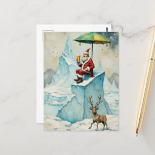 Santa Enjoys a Beer On an Iceberg Postcard