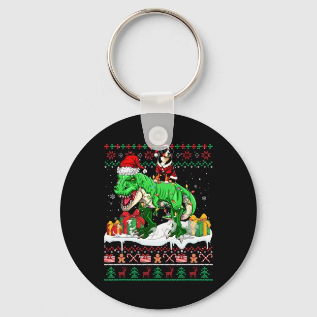 Santa Entlebucher Mountain Riding T-rex Christmas  Key Ring (Front)