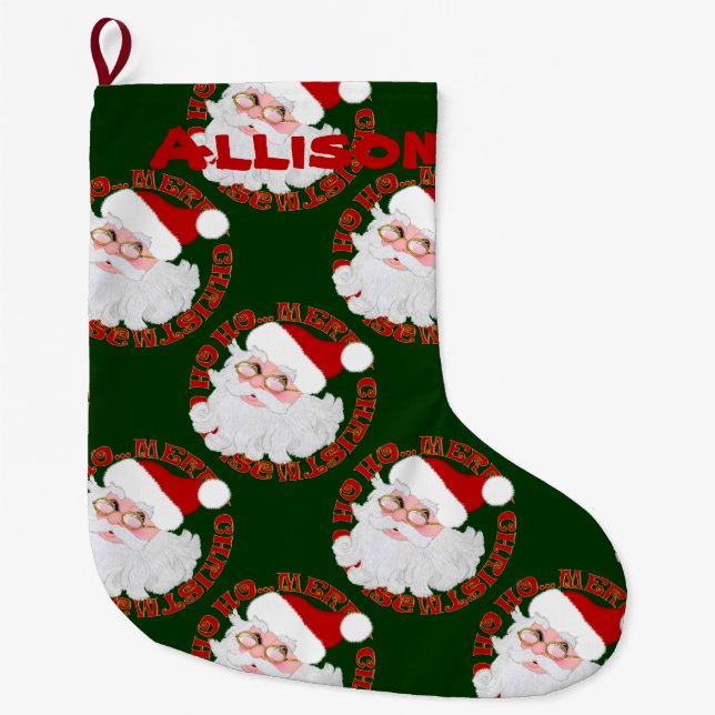 Santa Face Green-Personalised Christmas Stocking (Front)