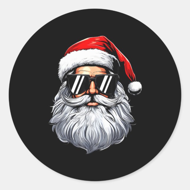 Santa Face Retro Sungles Christmas Shirts For Mens Classic Round Sticker (Front)