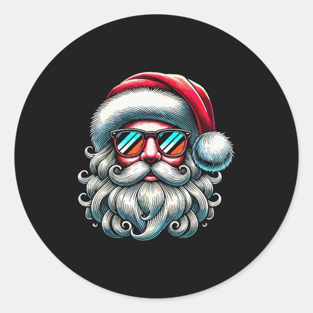 Santa Face Retro Sungles Christmas Xmas  Classic Round Sticker (Front)