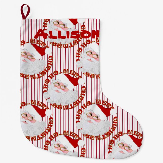 Santa Face-Stripes-Personalised Christmas Stocking (Front)