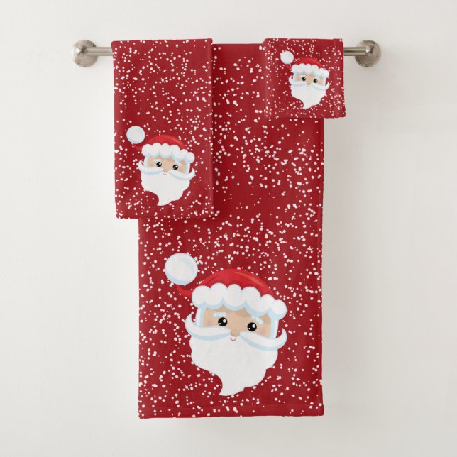 Santa face winter snow on red Christmas Bath Towel Set (Insitu)